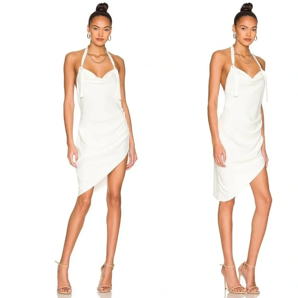Amanda Uprichard | Maxwell Halterneck Asymmetrical Mini Dress in Ivory Size M